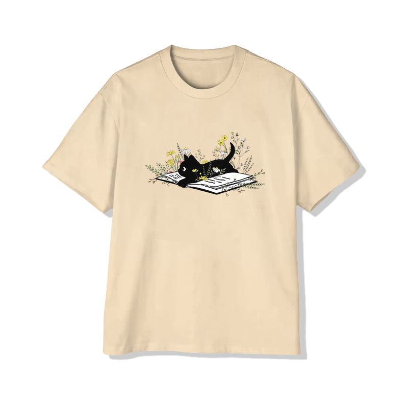 Black Cat Book And Wildflowers Print Pattern Cotton Print T-shirt - Apricot - US16-18(2XL) - image 3