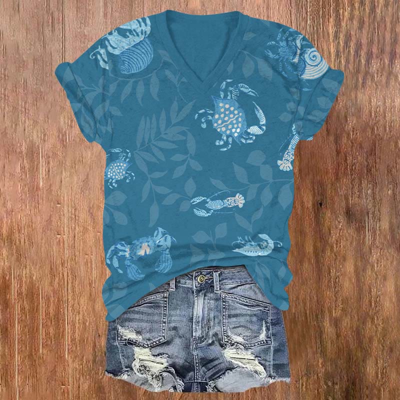 Vintage Crab & Lobster Art Print V-neck T-shirt - Blue - US32-34(5XL) - image 4