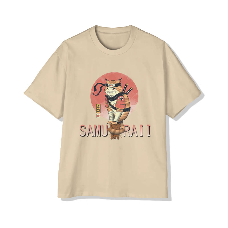 Unisex Japanese  Cute Samurai Cat  Art Pattern Cotton Print T-shirt - Apricot - US20-22(3XL) - image 3