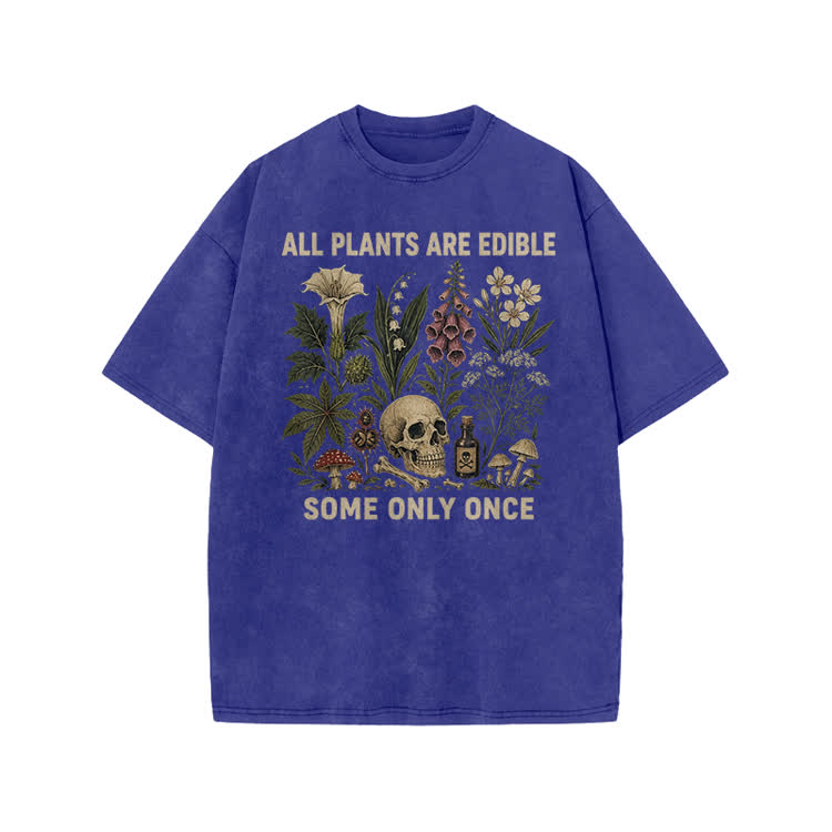 Unisex Edible Plants Some Only Once Joke Print Acid Washed T-shirt - Blue - US20-22(3XL) - image 7