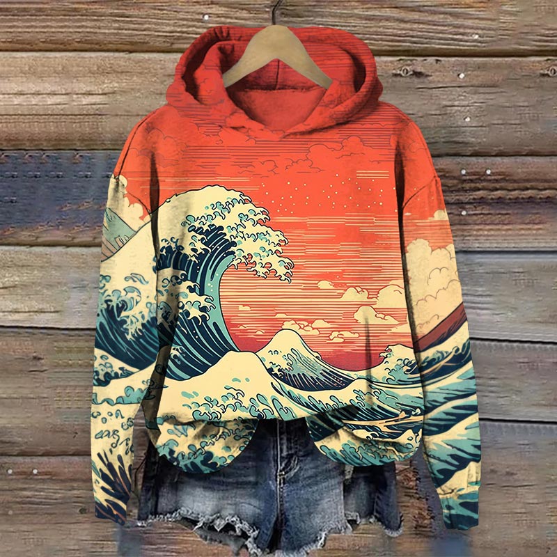 Japanese Art Waves Print Long Sleeve Hoodie - Red - 8XL - image 1