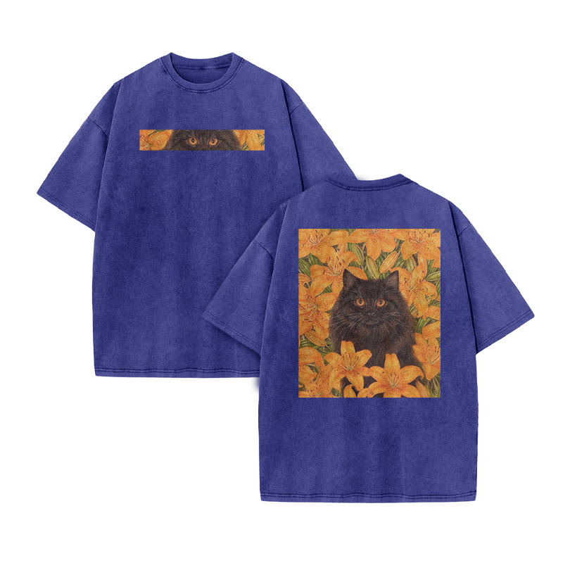 A Black Cat In A Field Of Golden Lilies Print Acid Washed T-shirt - Blue - US20-22(3XL) - image 9