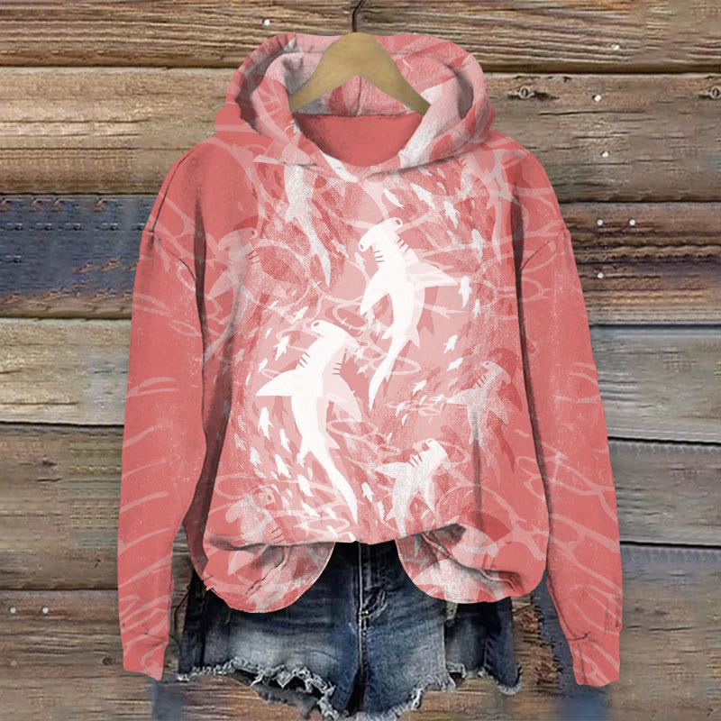 Ocean School Of Fishes Print Long Sleeve Hoodie - Pink - US44-46(8XL) - image 3