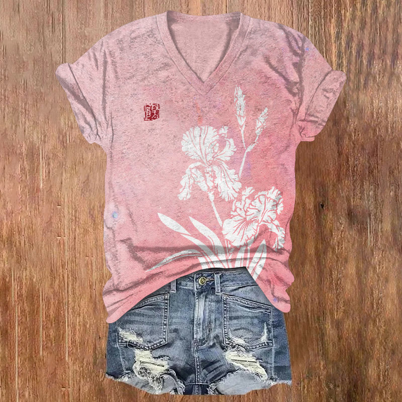 Japanese Ink-wash Gradient Irises Pattern Print Short Sleeved V-neck T-shirt - Pink - US32-34(5XL) - image 3