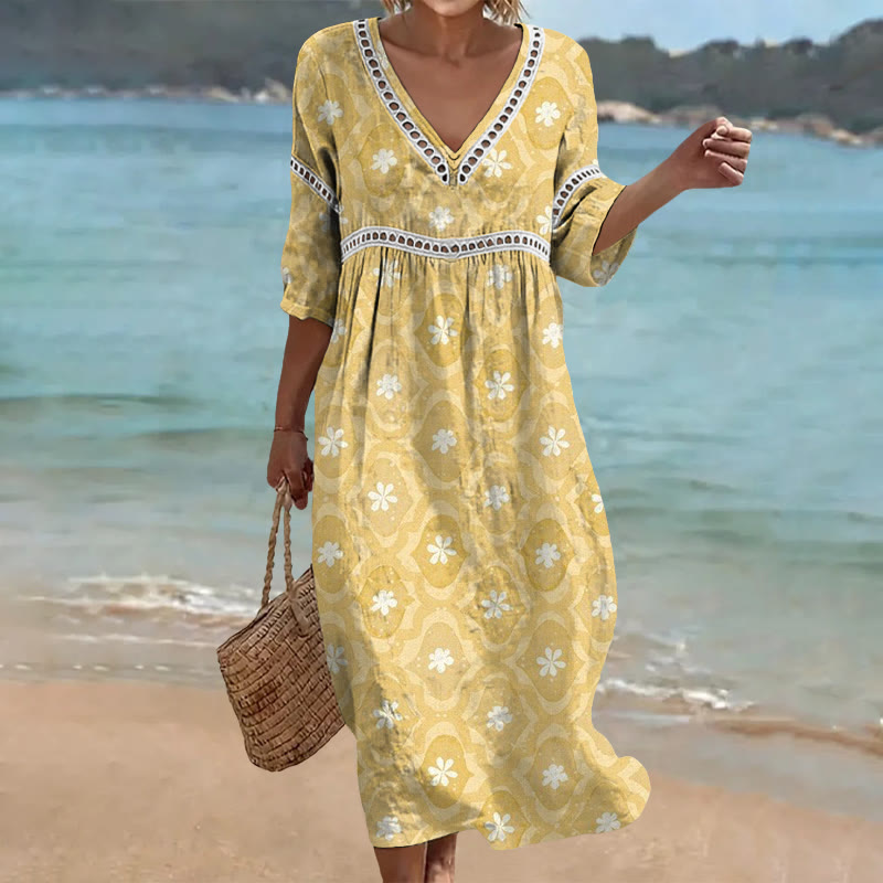 Boho Allover Flower Pattern Print Openwork Lace V-neck Half Sleeve Maxi Dress - Yellow - 4XL - image 3