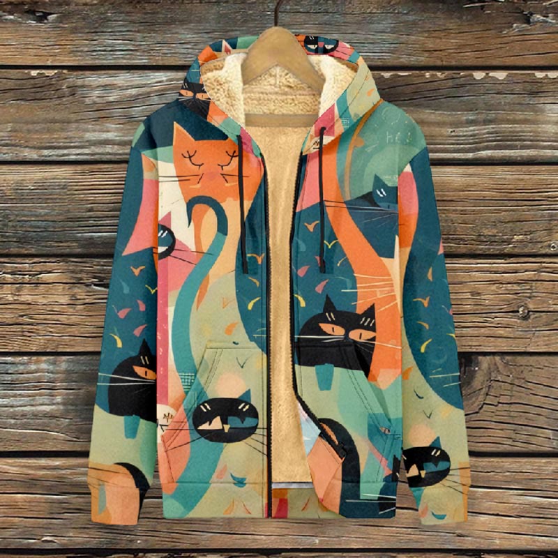 Women's Colorful Abstract Cats Patchwork Art Print Fleece Jacket - image 2