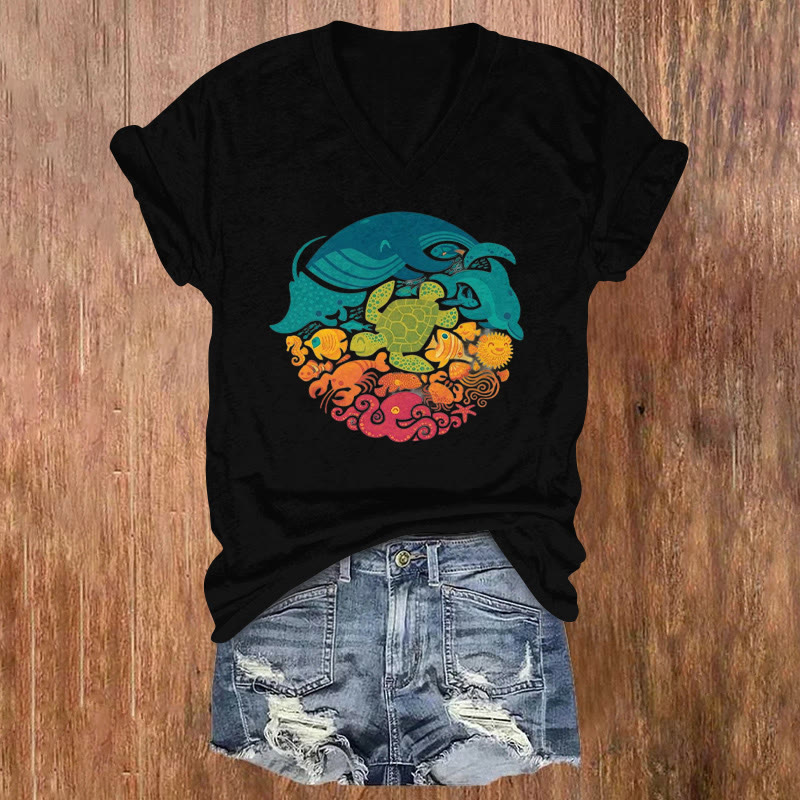 Rainbow Marine Life Print V-neck Short Sleeve T-shirt - Black - US32-34(5XL) - image 2