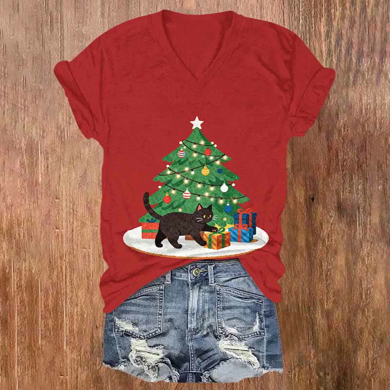 Christmas Tree Gifts & Black Cat Art Print V-neck T-shirt - Red - US32-34(5XL) - image 4