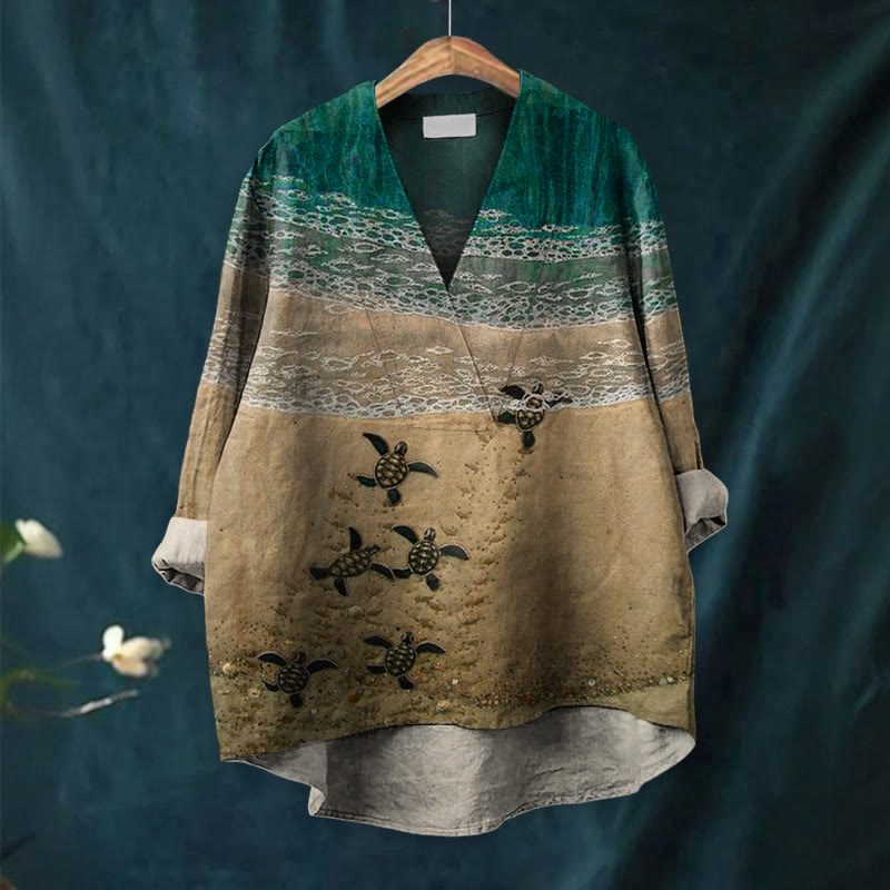 Baby Sea Turtles Beach Fiber Art Print Casual V-neck Blouse - image 6