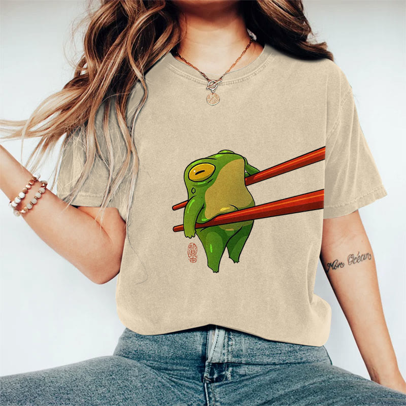 100% Cotton Funny Chopsticks Frog Art Print Casual T-shirt - Apricot - 2XL - image 3