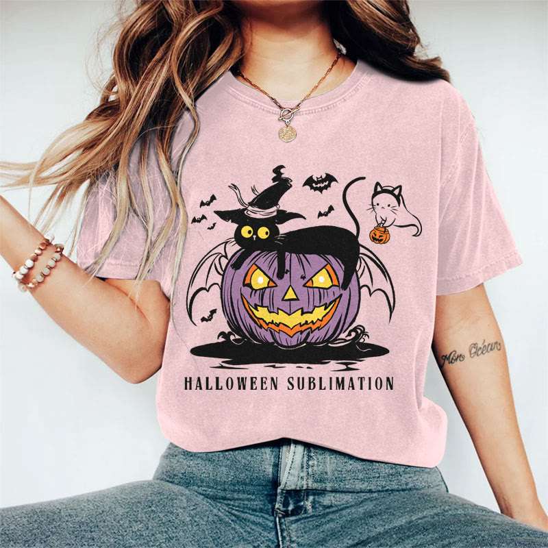 100% Cotton Women's Halloween Wizard Cat Lying On Pumpkin Art Print Casual T-shirt - Pink - 2XL - image 2