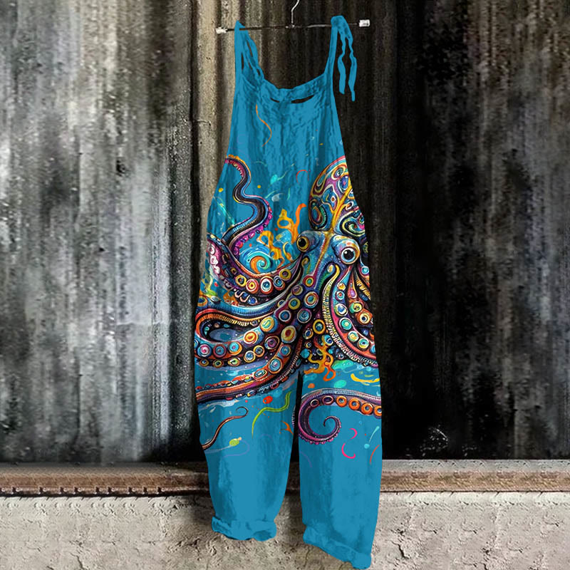 Vintage Rainbow Octopus Art Print Casual Jumpsuit  - Lake Blue - 5XL - image 7