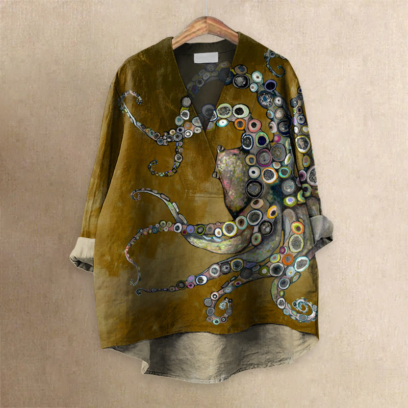 Colorful Octopus Oil Painting Print Casual V-neck Blouse - Yellow - 6XL - image 4