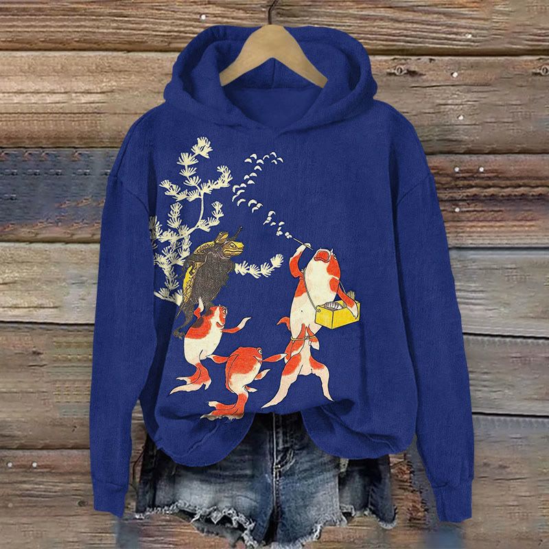 Japanese Gold Fish Making Bubbles Print Long Sleeve Hoodie - Dark Blue - US44-46(8XL) - image 4