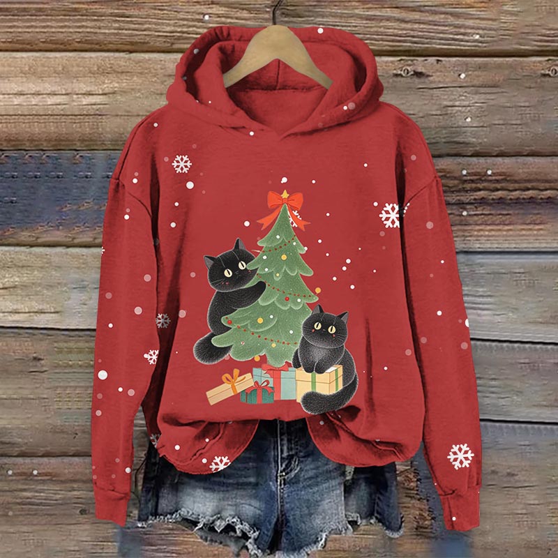 Lovely Black Cat & Christmas Tree Decoration Gifts Art Print Long Sleeve Hoodie - Red - US44-46(8XL) - image 2