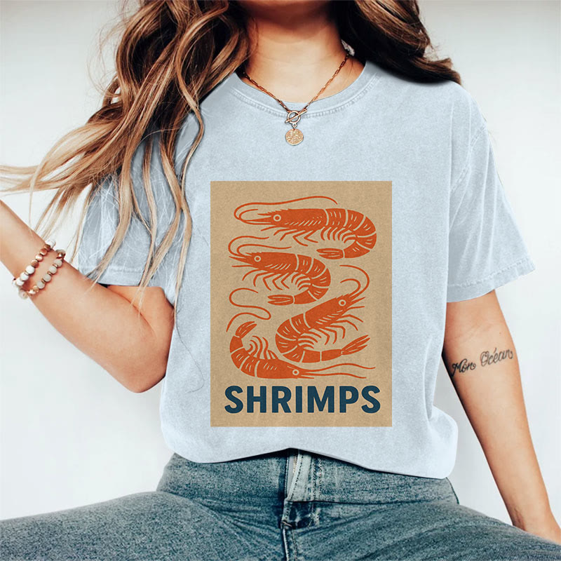 100% Cotton Women's  Japanese Shrimps  Art Print Casual T-shirt - Blue - 2XL - image 8