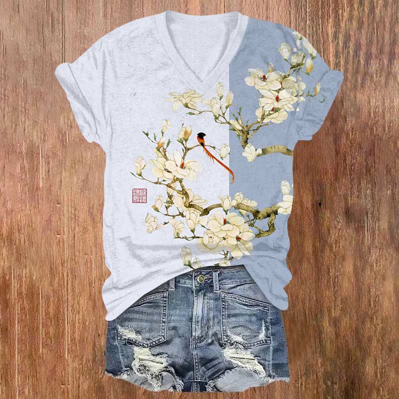 Japanese Contrast Pear Blossom Art Print V-neck T-shirt - Light Purple - US32-34(5XL) - image 3