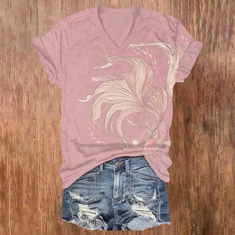 Flowing Goldfish Design Art Print V-neck T-shirt - Pink - US32-34(5XL) - image 3