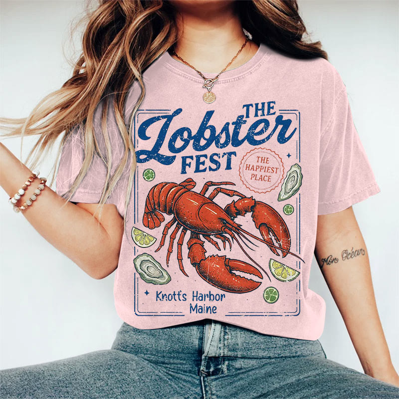 100% Cotton Women's The Lobster Fest Art Print Casual T-shirt - Pink - 2XL - image 7