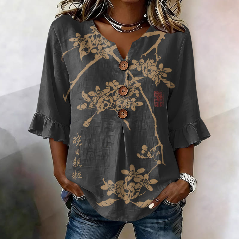 Women's Vintage Botanical Print Button V-neck Blouse With Ruffle Sleeves - Grey - US32-34(5XL) - image 4