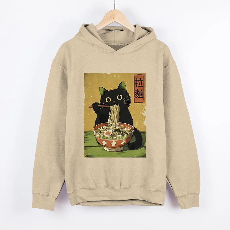 Unisex Vintage Japanese Cat Eating Ramen Pattern Long Sleeved Hoodie - Apricot - US44-46(8XL) - image 4