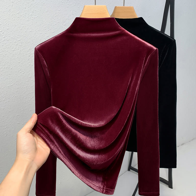 High-neck Solid Color Velvet Long-sleeved T-shirt - Wine - 3XL - image 5