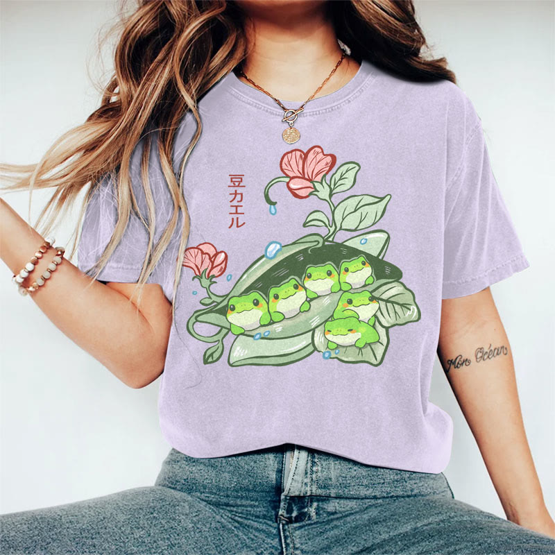 100% Cotton Women's Japanese Funny Frog Pods Art Print Casual T-shirt - Purple - 2XL - image 3