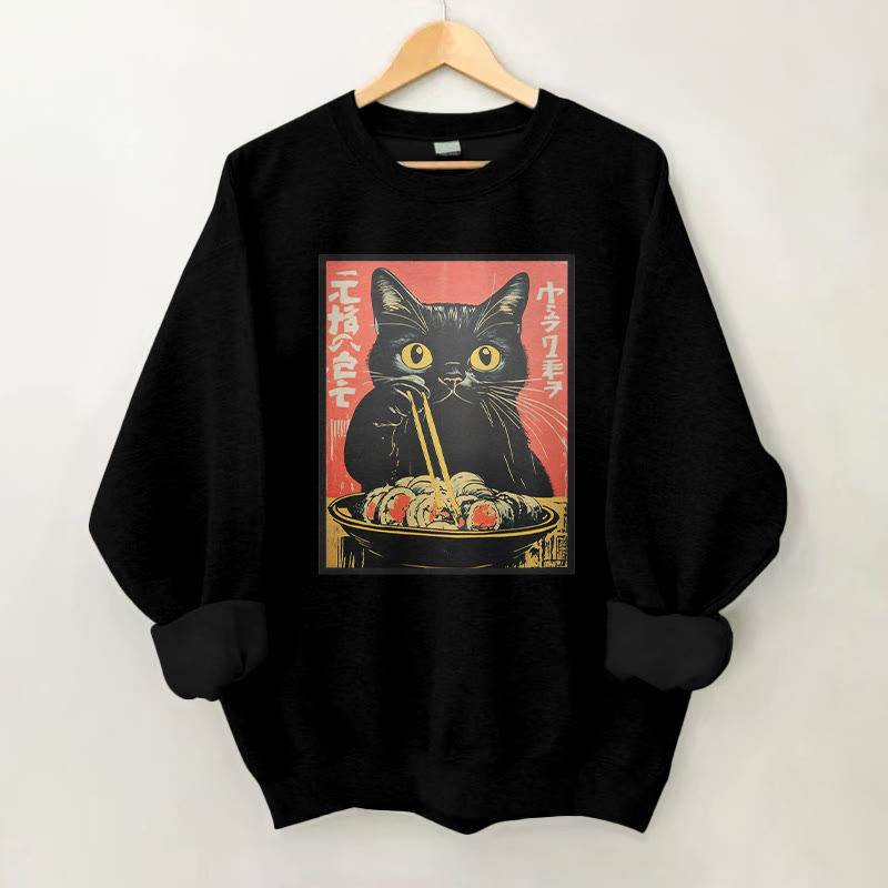 100% Cotton Funny Cat With Ramen Print Round Neck Casual Fleece Sweatshirt - Black - 2XL - image 2