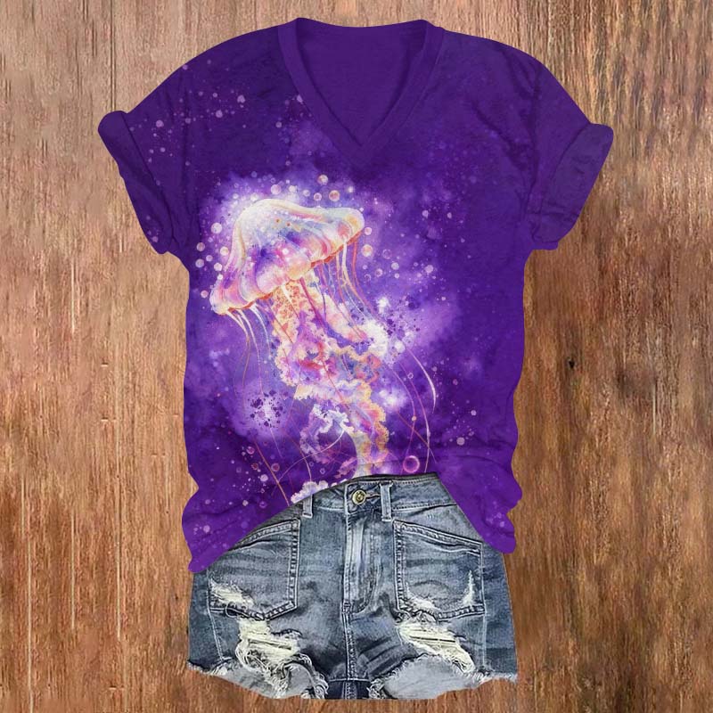 Fantasy Rain Drops Jellyfish Print V-neck T-shirt - Purple - US32-34(5XL) - image 2