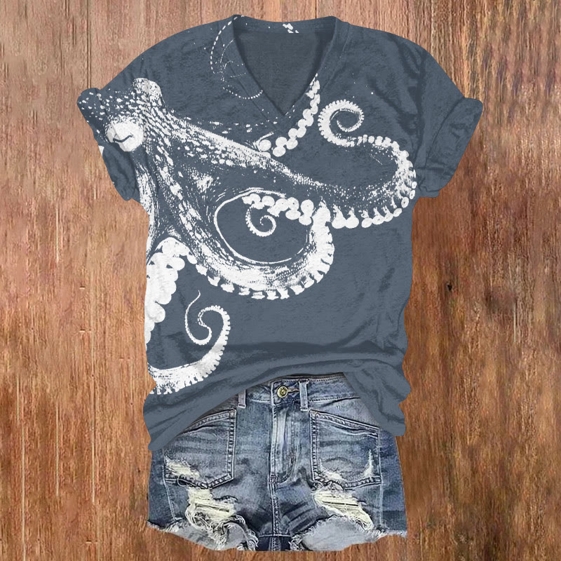 Japanese Octopus Art Print T-shirt - Blue - 5XL - image 2