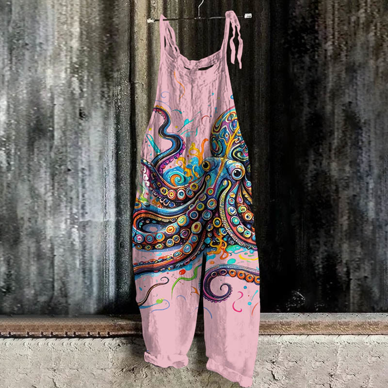 Vintage Rainbow Octopus Art Print Casual Jumpsuit  - Pink - 5XL - image 4