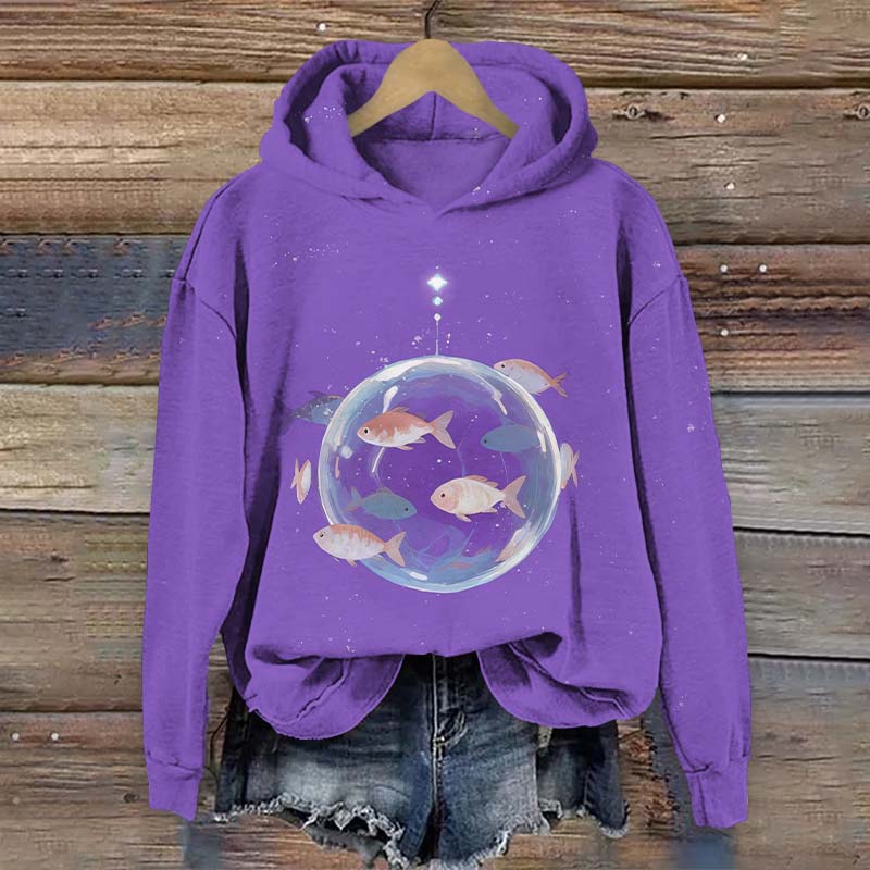 Funny Fish Swimming Around The Transparent Sphere Print Long Sleeve Hoodie - Purple - US44-46(8XL) - image 2