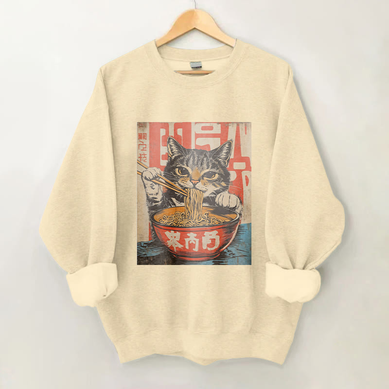 100% Cotton Japanese Cat Eating Ramen Print Crew Neck Sweatshirt - Apricot - 2XL - image 1