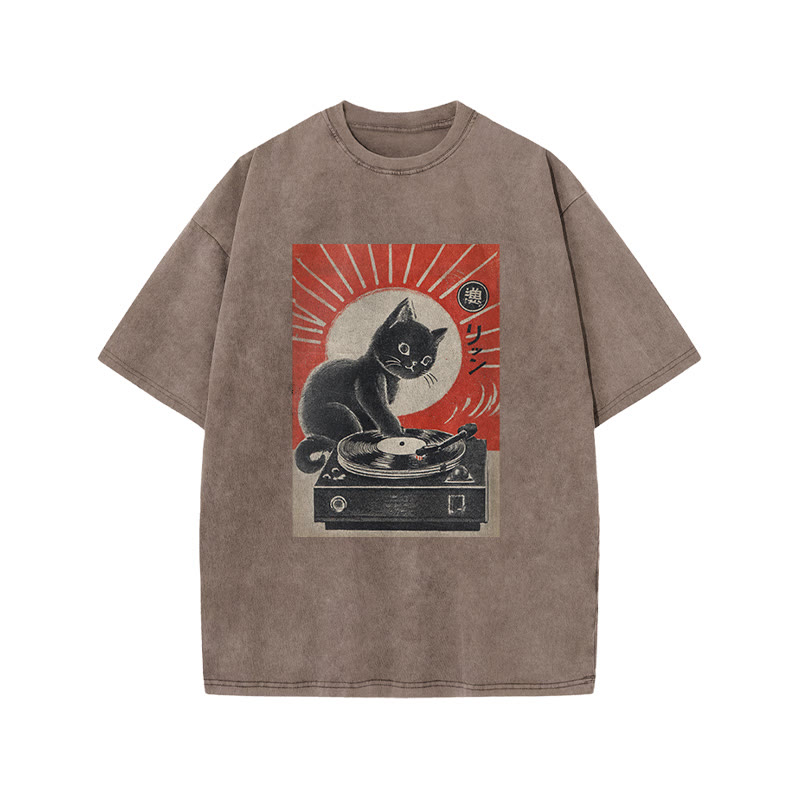 Japanese Black Cat Playing The Turntable Print Acid Washed T-shirt - Coffee - US20-22(3XL) - image 3