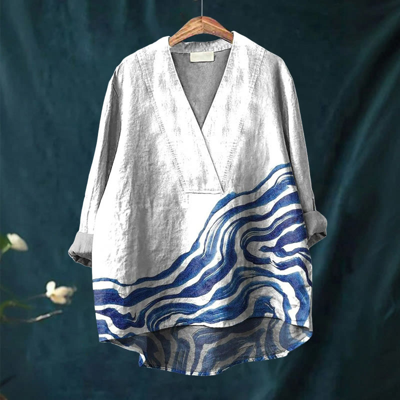 Women's Fashion Abstract Wave Art Printed Casual V-neck Blouse - image 2
