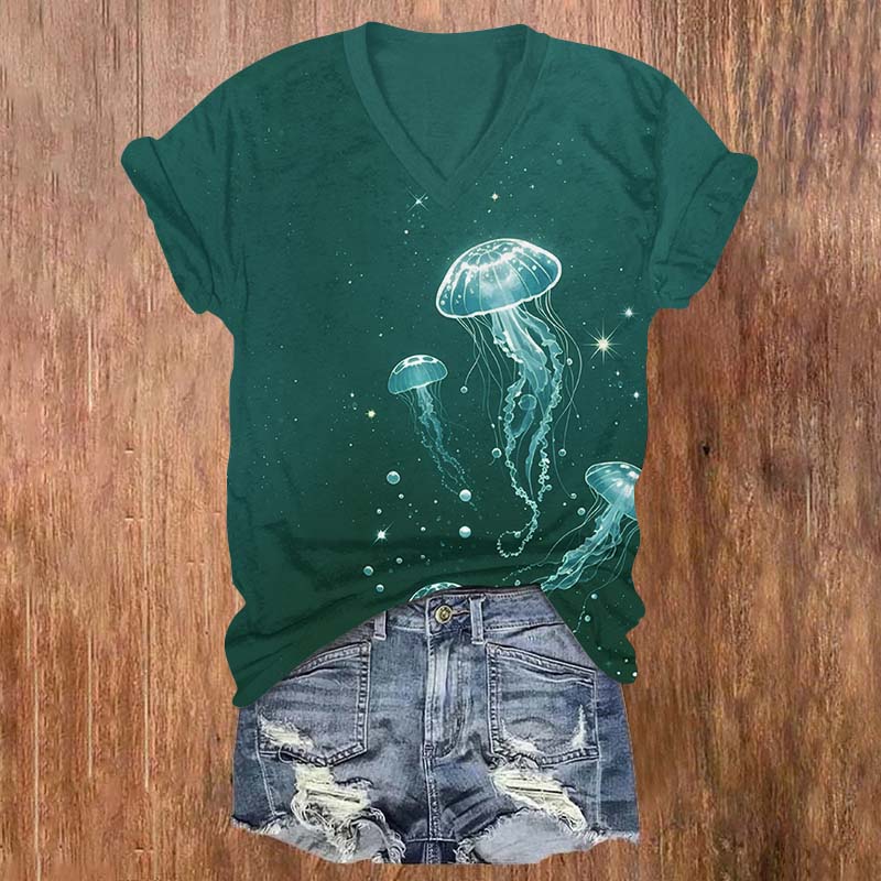 Glowing Dancing Bubble Jellyfish Print V-neck T-shirt - Green - US32-34(5XL) - image 3