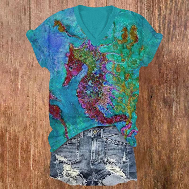 Contrast Color Seahorse Oil Painting Print V-neck T-shirt - Green - US32-34(5XL) - image 3