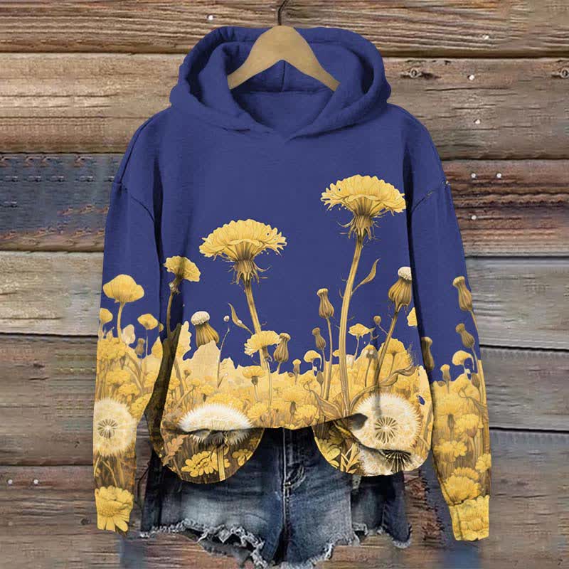 Japanese Vintage Sunflower & Dandelion Art Print Long Sleeve Hoodie - Blue - US44-46(8XL) - image 6