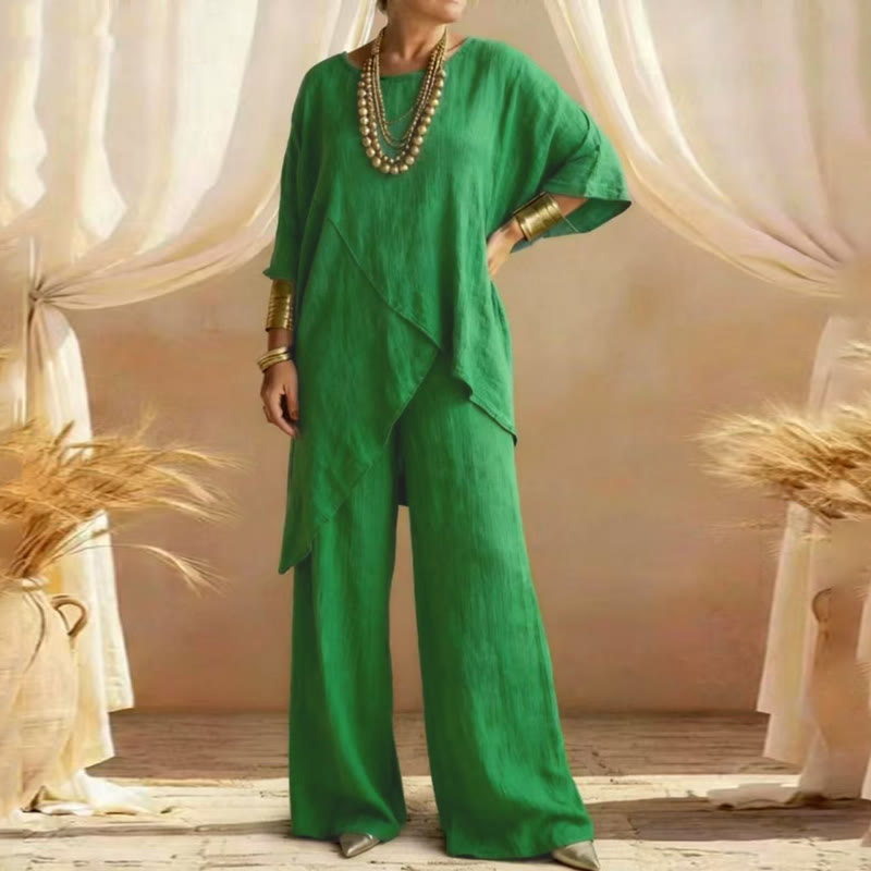 Elegant Solid Irregular Hem Round-neck 3/4 Sleeves Blouse&pants Set - Green - 3XL - image 6