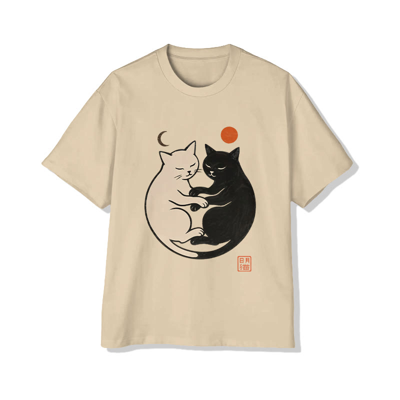 Unisex Sun And Moon Cat Pattern Print Short Sleeved Crew Neck T-shirt - Apricot - 2XL - image 4