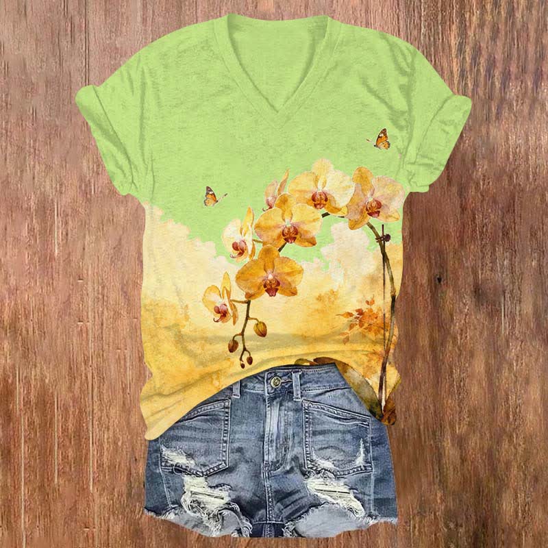 Vintage Yellow Phalaenopsis Art Print V-neck T-shirt - Green - US32-34(5XL) - image 2