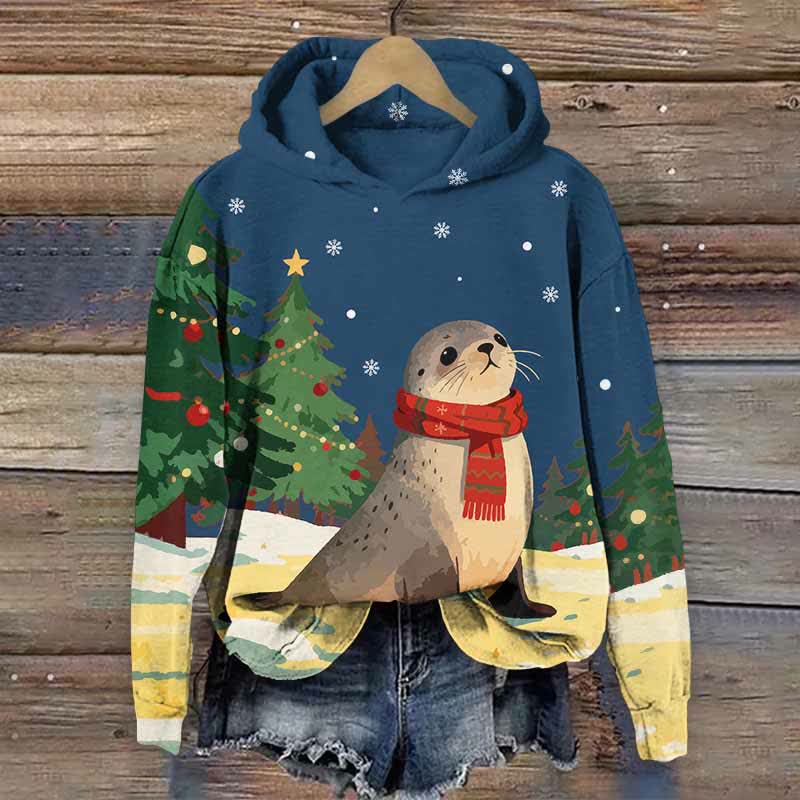 Christmas Winter Snowy Seal With Scarf Art Print Long Sleeve Hoodie - Blue - US44-46(8XL) - image 3