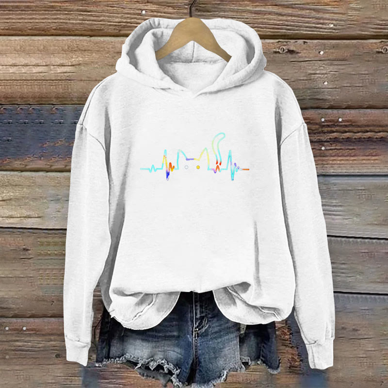 Rainbow ECG Cat Print Long Sleeve Hoodie - White - 8XL - image 5