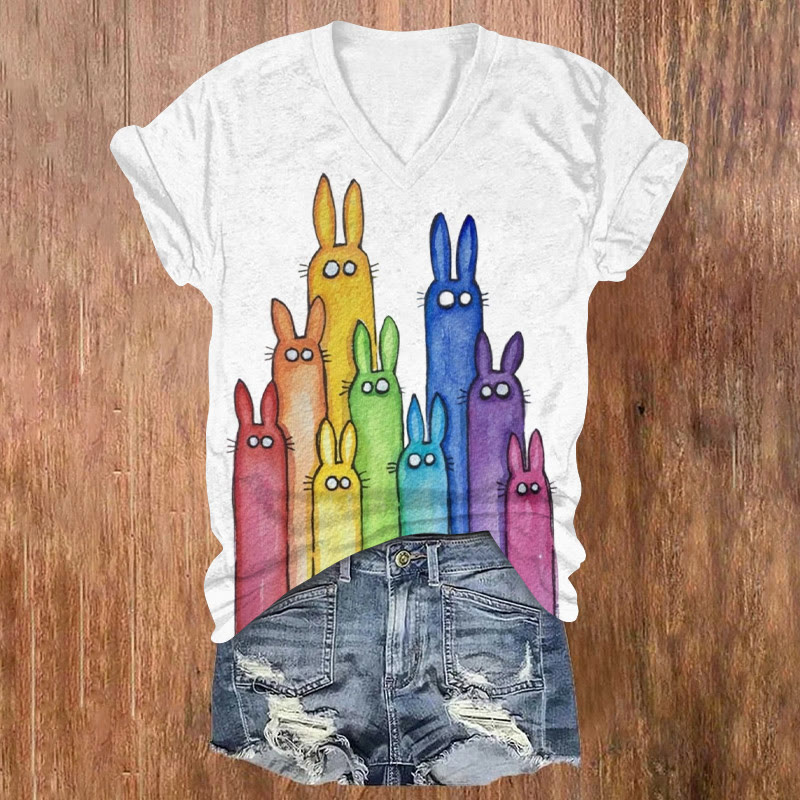 Retro Rainbow Bunny Print V-neck Short Sleeve T-shirt - White - US32-34(5XL) - image 2