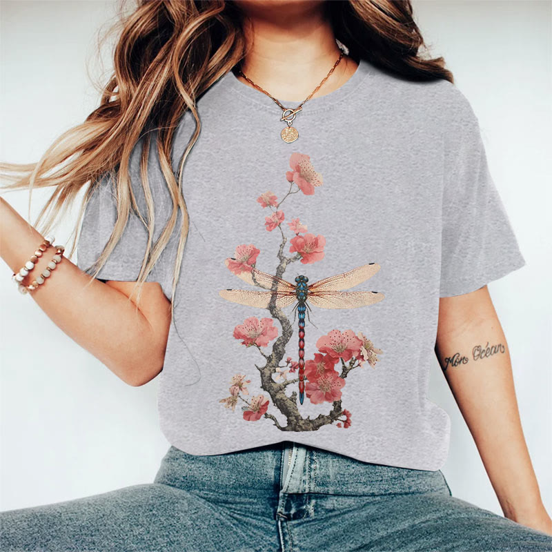 100% Cotton Retro Plum Blossom Dragonfly Japanese Art Print Casual T-shirt - Grey - 2XL - image 4