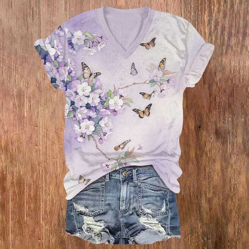 Romantic Flowers & Butterfly Art Print V-neck T-shirt - Purple - US32-34(5XL) - image 2