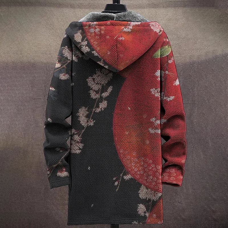 Retro Japanese Style Red And Black Splicing Floral Art Print Unisex Plush Thick Long-sleeved Fleece Jacket Coat - image 4