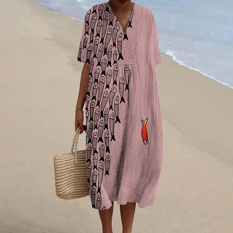 Cute Simple Lines Abstract Geometric Fish Art Print Casual Midi Dress