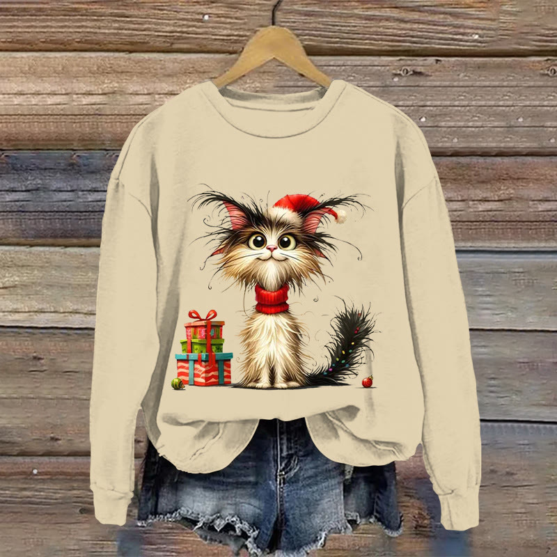 Christmas Cat Pattern Print Long Sleeve Sweatshirt - Apricot - US16-18(2XL) - image 3