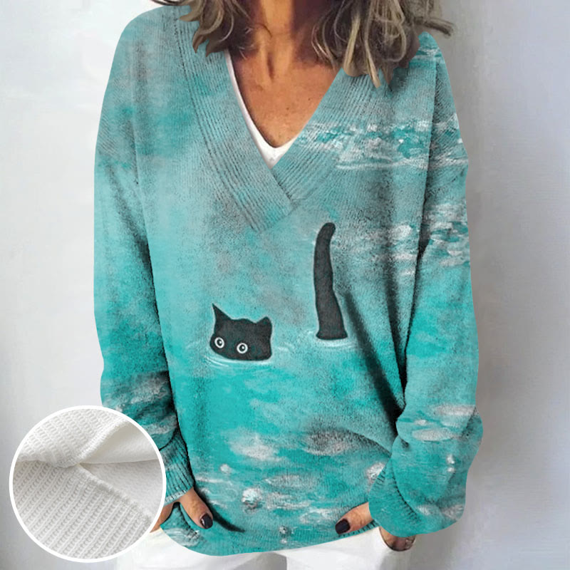 Women's Oil Painting Cat Print Causal V-neck Pullover Sweater - image 9